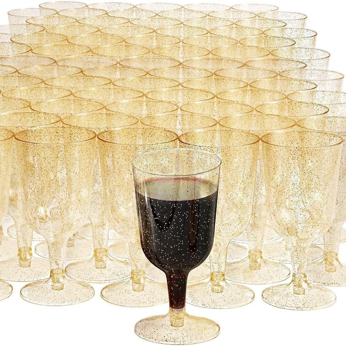 

165ml/50pcsGold Glitter Plastic Wine Glasses BPA Free for Weddings Birthdays Bridal Showers and Parties 5oz Sturdy and Reusable One Size