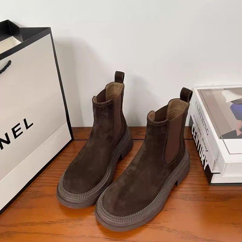 Botine Chelsea cu toc gros, cu vârf rotund, din piele întoarsă, pentru femei, toamnă/iarnă 2025