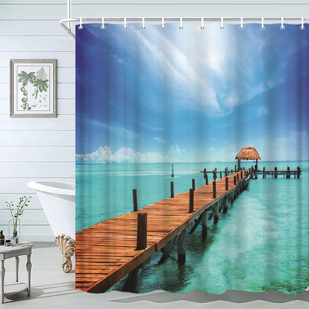 Starfish Beach Bath Shower Curtain Shells Rustic Wooden Planks Palm Trees Natural Landscape Printed Bath Curtains Bathroom Decor