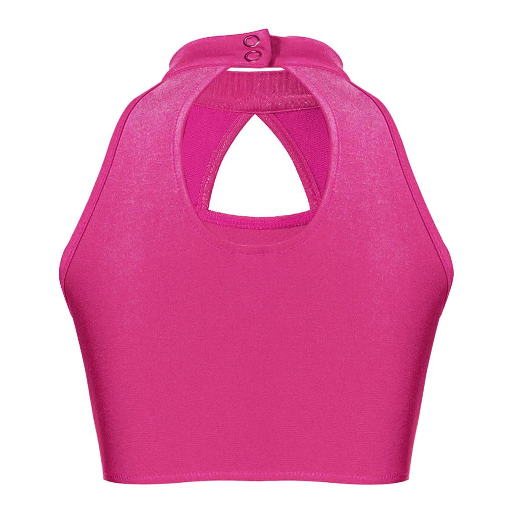 Girls Sleeveless Mock Neck Crop Top Sequin Patchwork Hollow Front Keyhole Back Dancewear