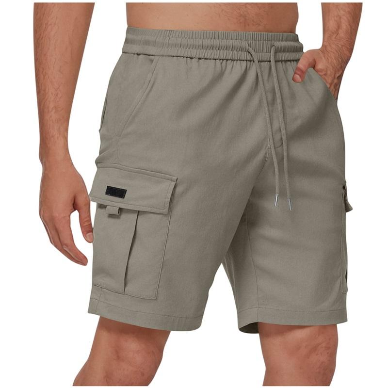 

Men s Solid Color Drawstring Elastic Waist Multi-pocket Straight Five-point Pants Shorts Overalls Casual Pants M серебряный серый