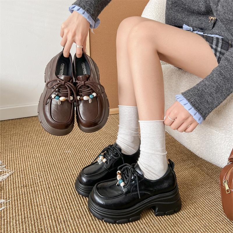 Thick Heel Loafers Lace-up Women's Shoes 2025 New Autumn British Style Small Leather Shoes Fashion Leather Shoes Versatile Casual Shoes