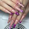 Purple French Press-On Nails with White Lines & Heart Rhinestones