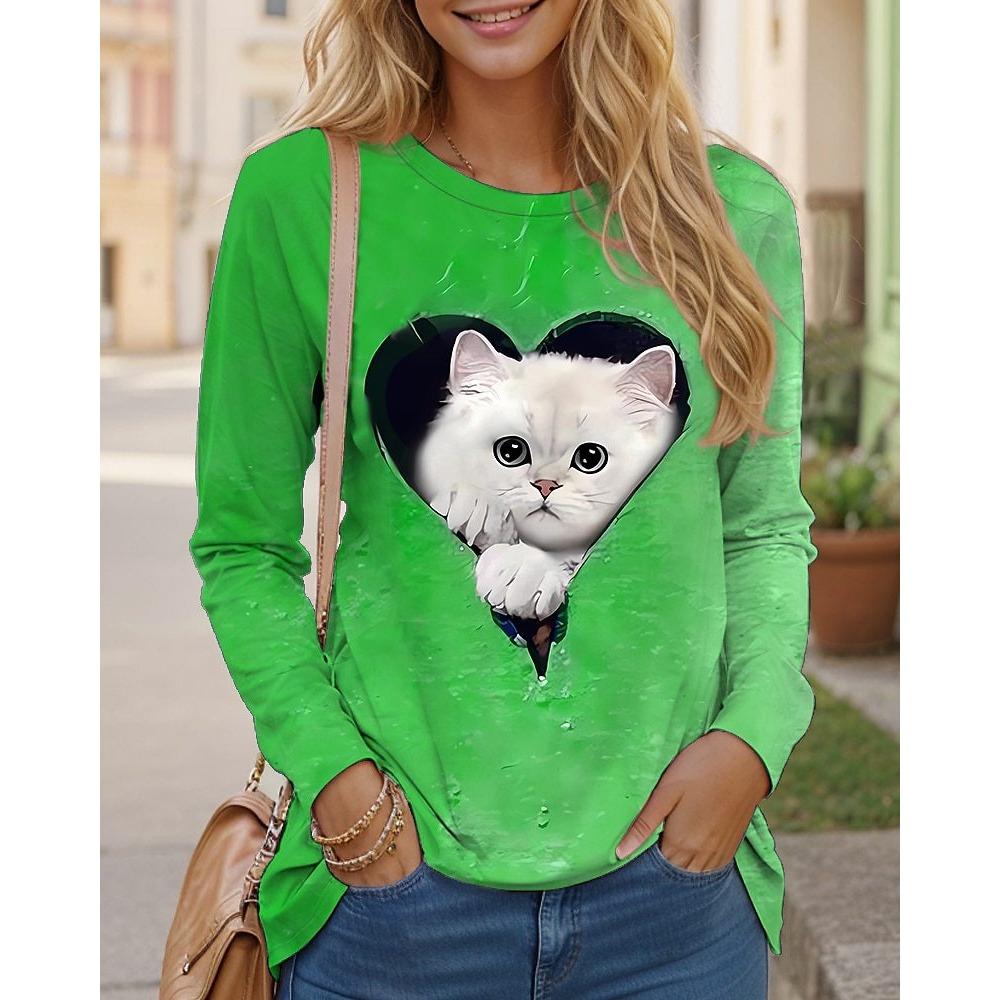 

Весенне-осенние футболки с круглым вырезом и 3D-принтом кошки в сердце, модные повседневные женские футболки с длинным рукавом 5XL