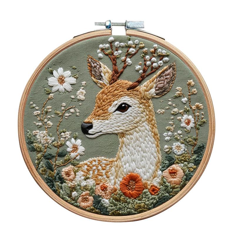 1pc Deer and Flower Pattern Embroidery DIY Fabric Craft Set with Tools