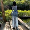 Autumn blue vacation scheming hollow V-neck dress femininity smudging slim slim spice girl long dress