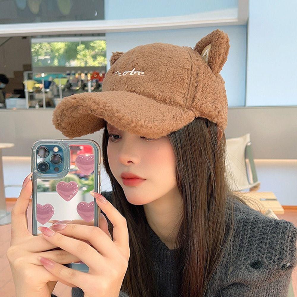 Windproof Cat Ears Baseball Hat Warm Winter Peaked Cap Cute Lamb Wool Baseball Cap  Female
