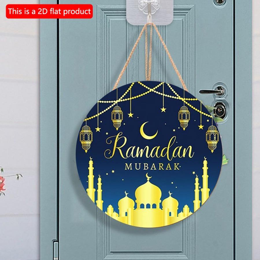 2D Flach 20cm1Stk Ramadan Mubarak Muslimische Party Runde Holzanhänger, Goldener Mond&Majestätische Moschee Szene Ramadan Islamische Wanddekoration, Gute Qualität