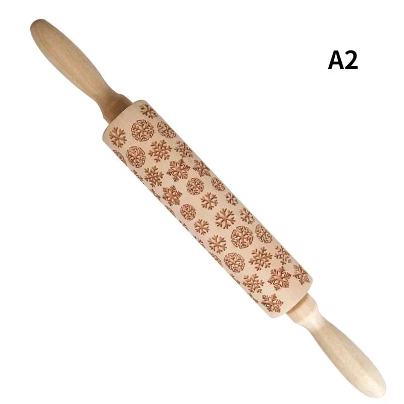 Wood Christmas Printing Rolling Pin Wooden Carvings Embossing Elk Snowflake Christmas Tree Snowman Rolling Pin Cookies Crafts