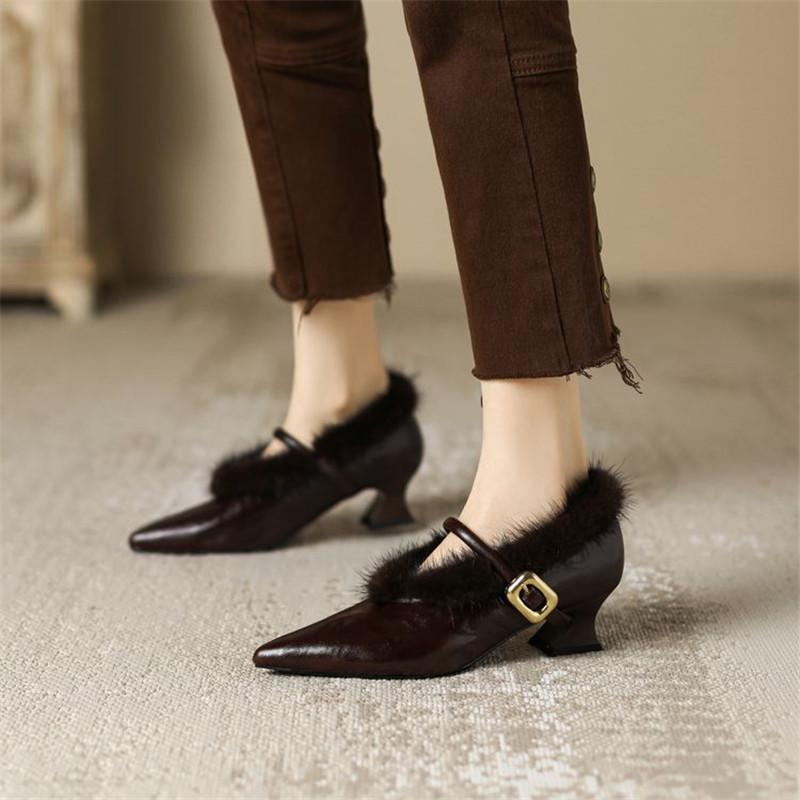 Mote Nye Høst Vinter Saueskinn Dame Pumps Sko for Kvinner Mote Spiss Tå Pels Sko Zaptos Mujer Mary Jane Sko Kvinner