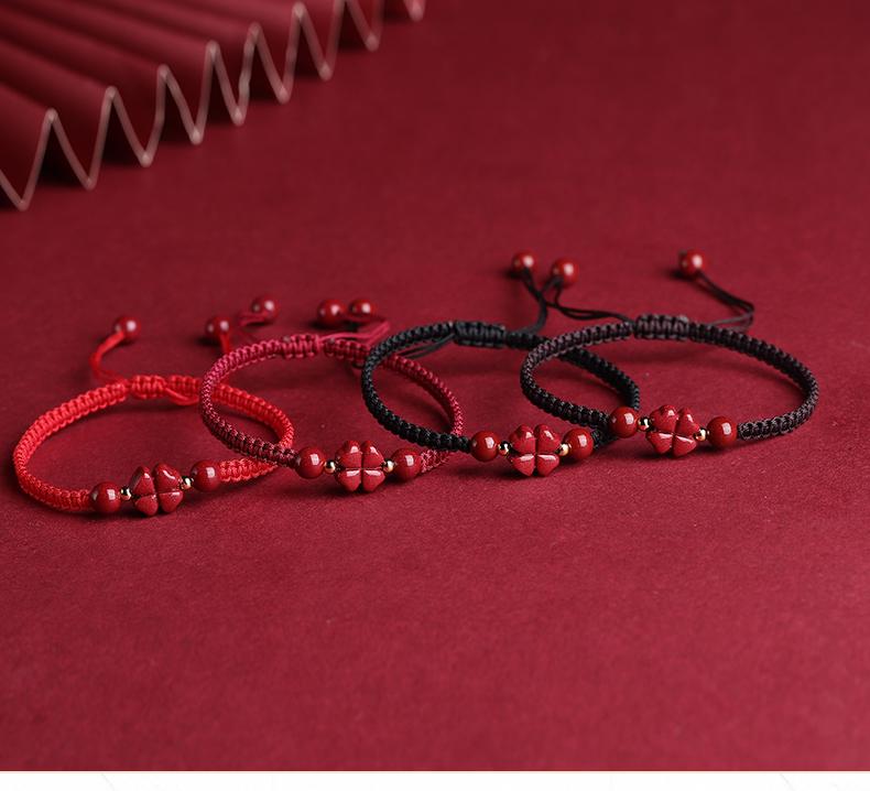 Authentic Cinnabar Four-Leaf Clover Bracelet with Purple Gold Sand and Red Rope for Women and Children