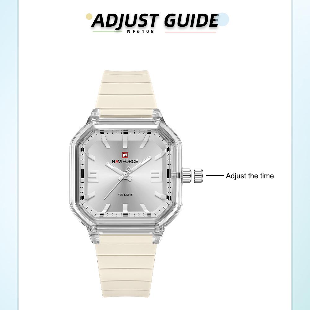 NAVIFORCE Original Women Square Watch Quartz Luminous Pointer Simple Lightweight Silicone Strap Waterproof Women Lady Casual Fashion Watch NF6108