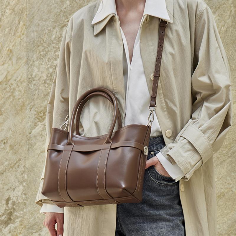 BURMINSA Luxury Genuine Leather Handbag for Women Minimalist Cowhide Shoulder Bag Large Capacity Office Commuter Tote