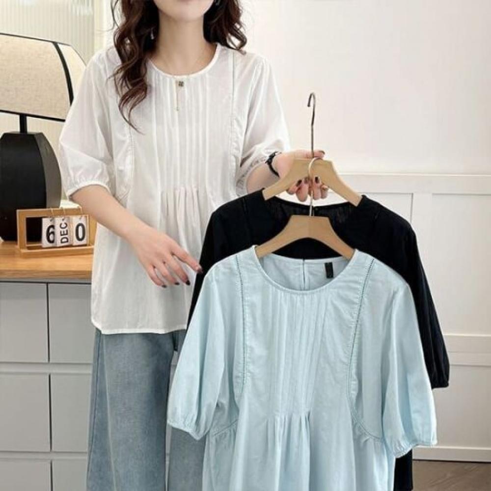 Navava Women Lovely Shirring Round Neck Short Sleeve Blouse Nb2672