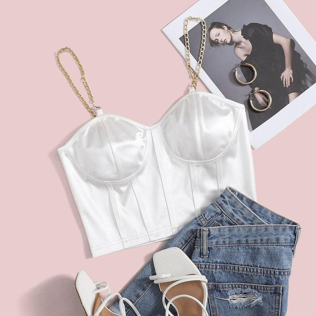 Sexy V Neck Metal Chain Tank Top Solid Halter Crop Tops Women Summer Camis Backless Camisole Fashion Casual Tube Female Sleeveless Cropped Vest Y2K