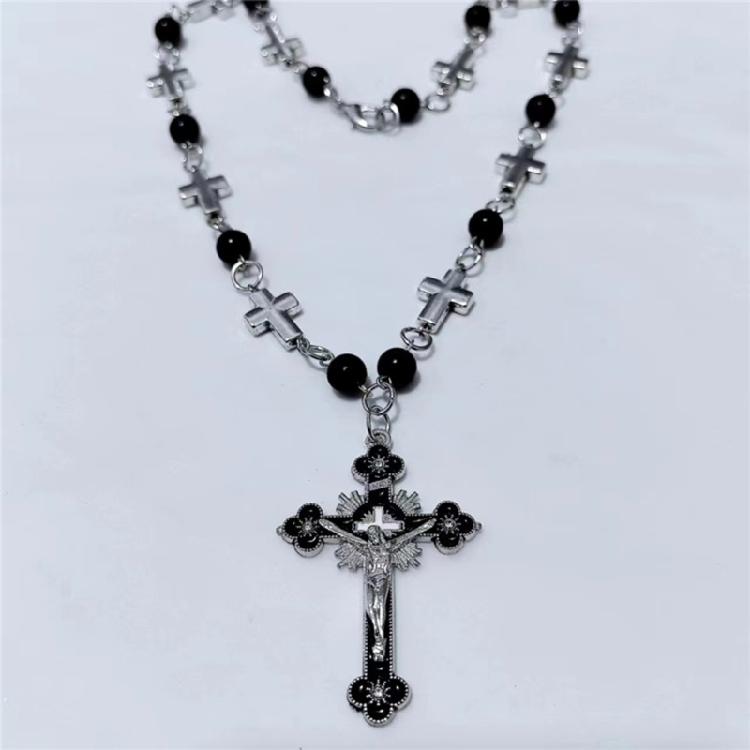 Fashionable Cross Pendant Necklace Pearls Beaded Chain Hiphop Collarbone Chain