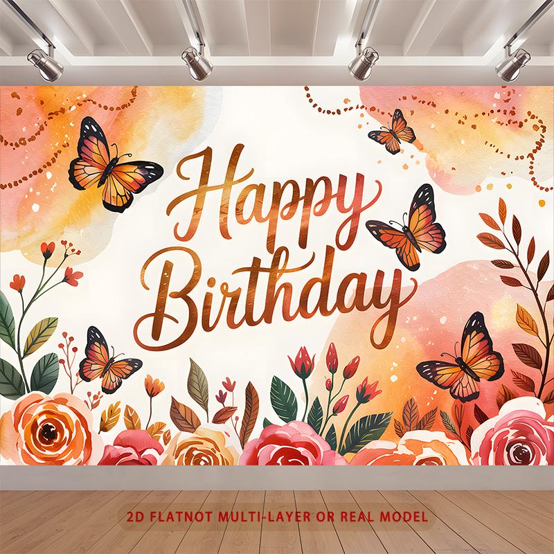 Party Backdrop Happy Birthday Birthday Floral Butterfly Photo Booth Background Front Door Decor