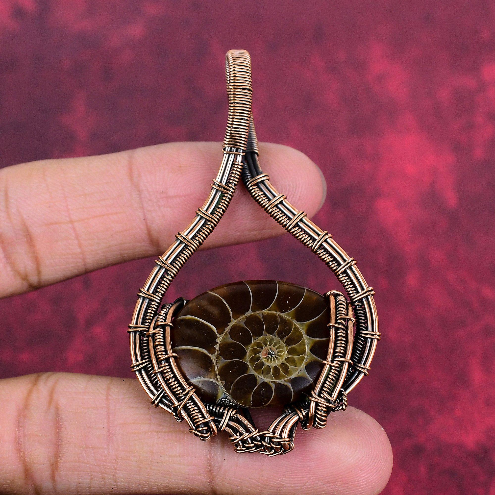Ammonite fossil pendant copper wire wrapped gemstone pendant handmade pendant copper jewelry decent pendant gifts for him wire wrap jewelry