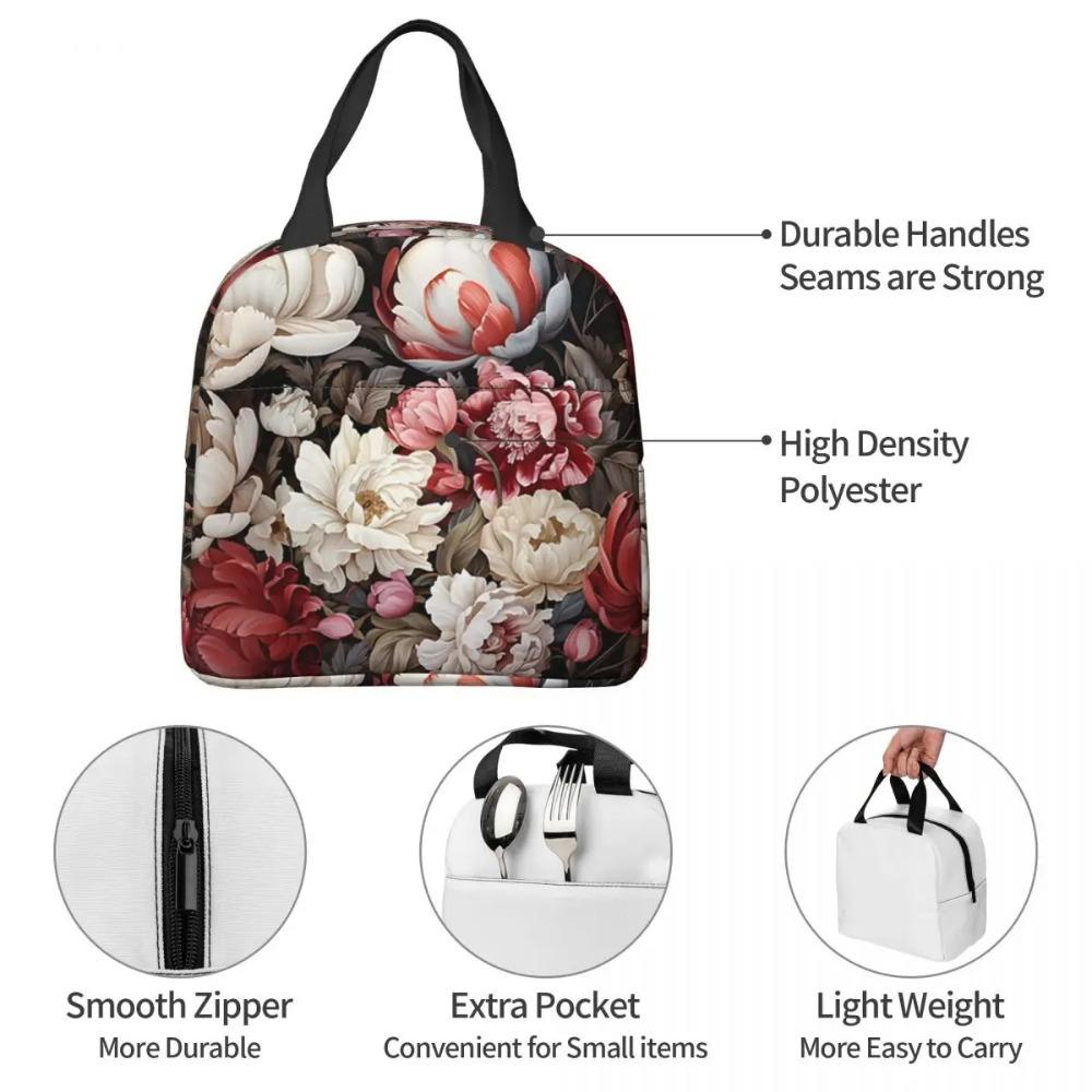 Elegant Red And White Peony Floral Nightgarden Insulated Lunch Bag for Women Kids Portable Food Boxes Thermal Lunch Box Tote