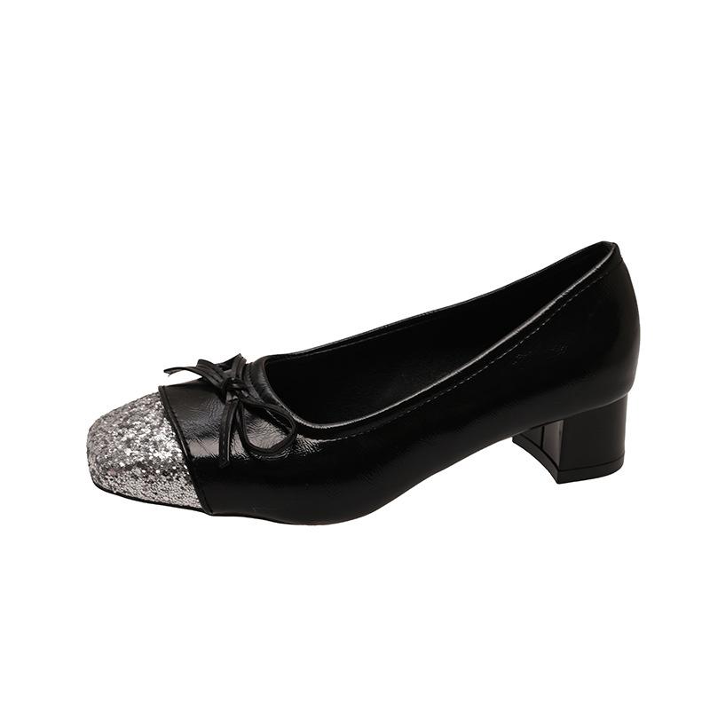 

French temperament medium heel single shoes fairy shoes spring and autumn 2024 new sequins light mouth bow silver high heels 35 чёрный