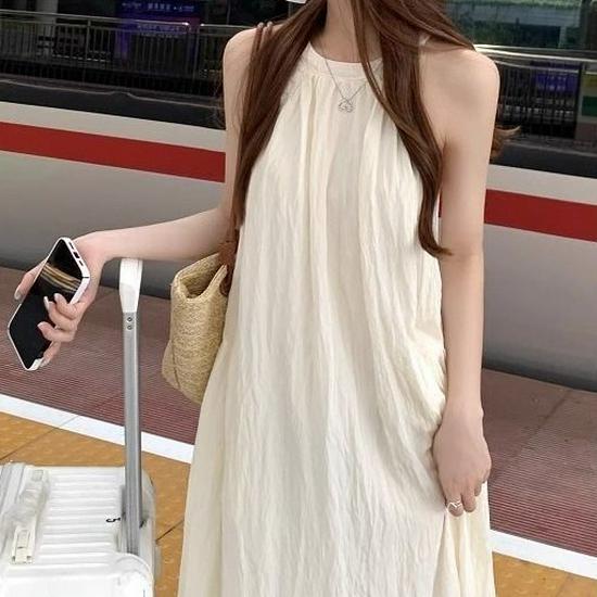 Pure Color Sleeveless Off-Shoulder Halter Maxi Dress - Summer Fairy Casual Bell-Shaped Style