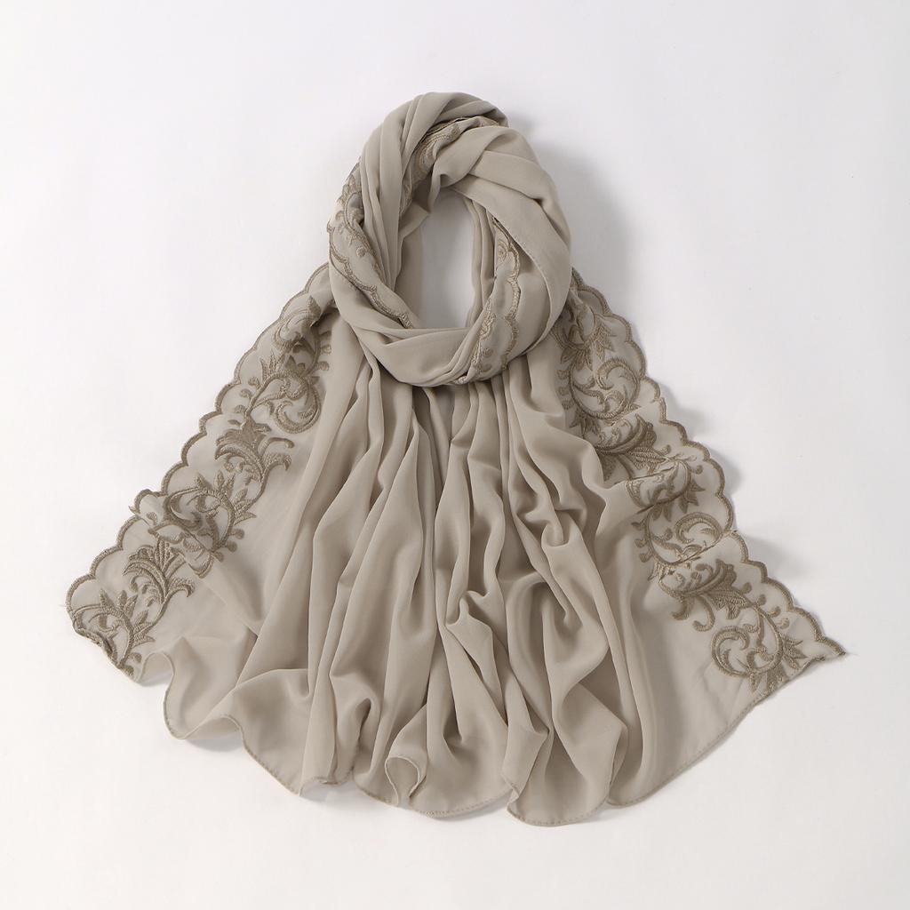 Floral Embroidery Edge Chiffon Silk Scarf Women Muslim Hijab Headscarf Soft Wraps Headband Summer Sunscreen Shawls Beach Shawls