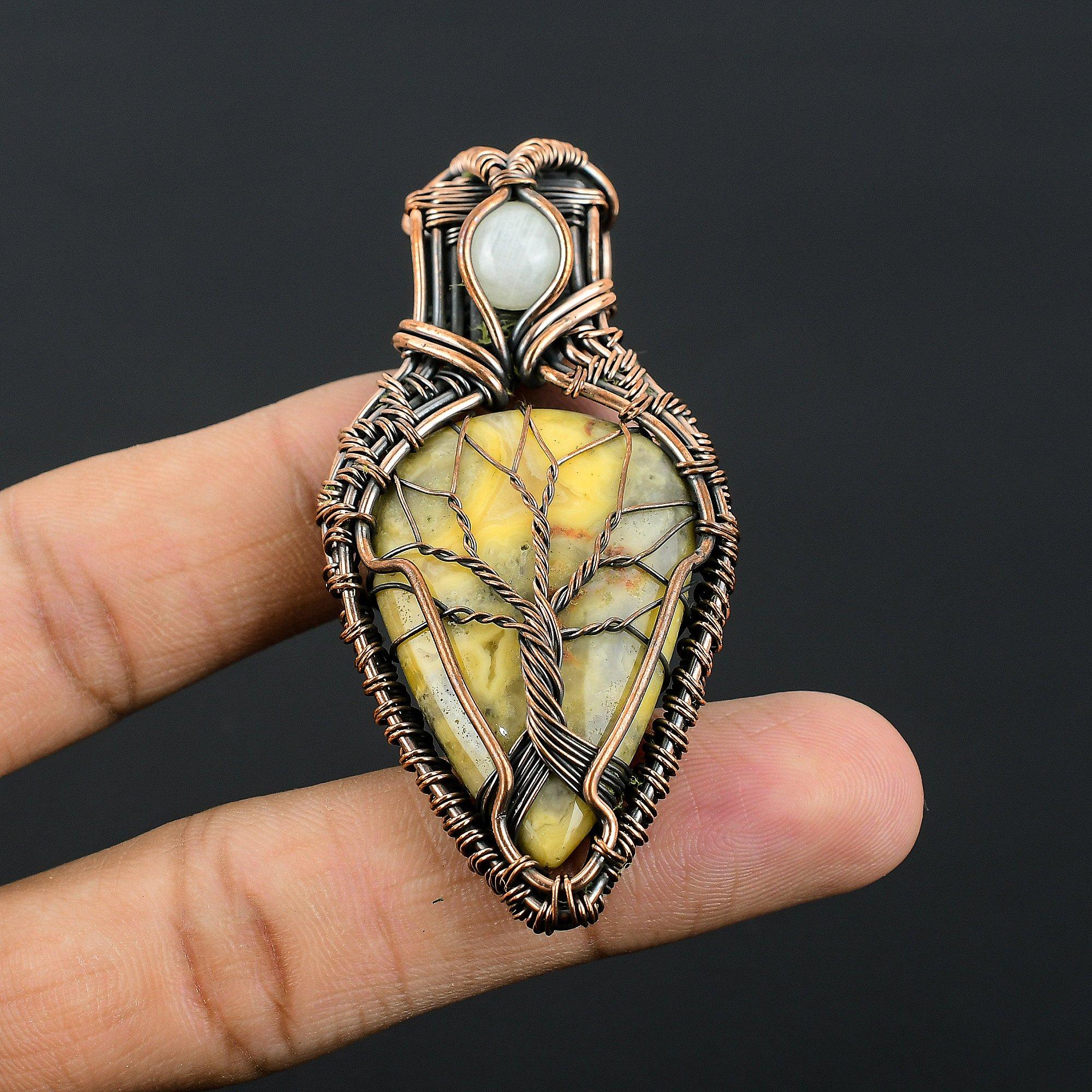 

Крейзи Лейс Агат и Радужный Лунный Камень Кулон, обернутый медной проволокой 999 пробы, Ювелирные изделия ручной работы из драгоценных камней, Подарки для жены, Совершенно новый кулон 2.55 Inches