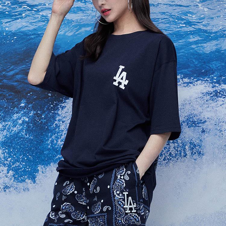 MLB Basic Logo Cashew Flower Series Printed Loose Casual Fashion Round Neck Short Sleeve T-Shirt Unisex Tops Navy-Blue 31TSHP131-07N