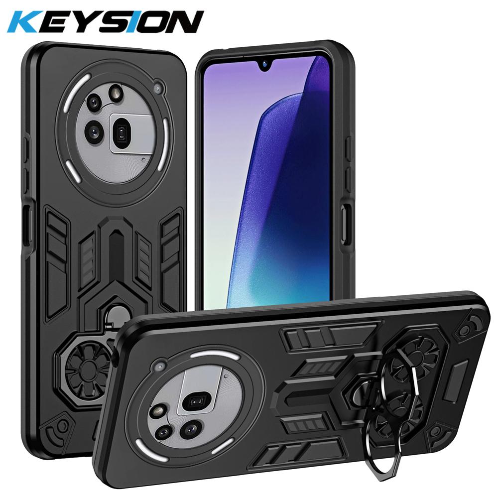 KEYSION Shockproof Armor Case for Nothing Phone 3A Pro Soft Silicone+PC Metal Ring Stand Phone Back Cover for Nothing 3A Pro