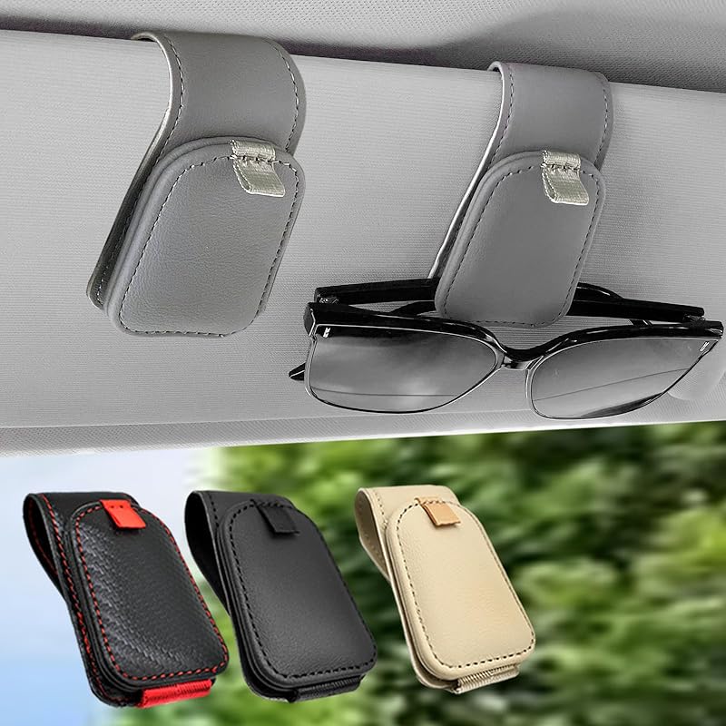 Sunglass Holder For Car, 2 Pack Car Sunglass Holder Visor Clip Magnetic Leather Sun Glasses Eyeglass Hanger, Fit For Different Size Eyeglasses,