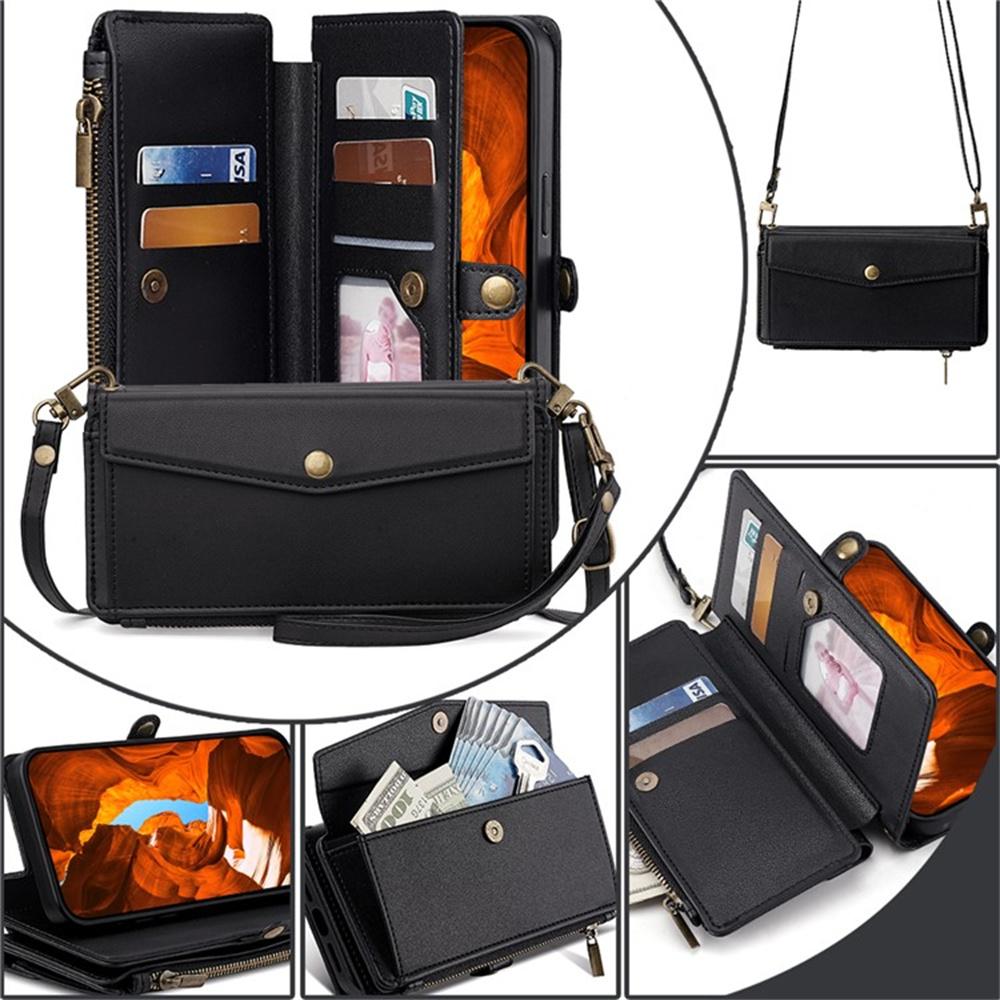 For Motorola Moto G06 4G Case Card Slots Zipper Purse PU Leather Phone Cover with Shoulder Strap