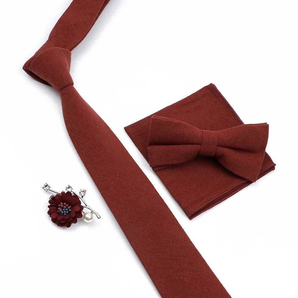 Solid Color Cotton Necktie Set For Men Tie 4pcs Hanky Cufflinks Rhinestone FLoral Brooch Tie Set
