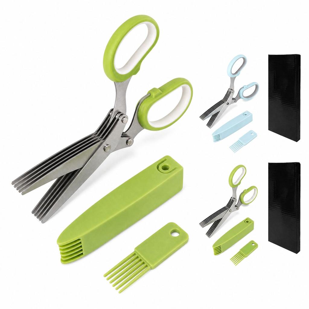 Herb Scissors - 5- Stainless Multi-Purpose Kitchen Shears for Scallions, Cilantro and Seaweed, with Cleaning Comb and Protective Cover