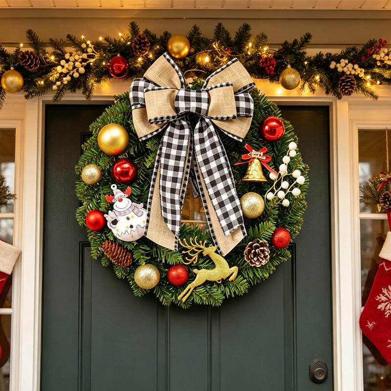 Plaid Bow Christmas Wreath Decoration for Door and Event Scene