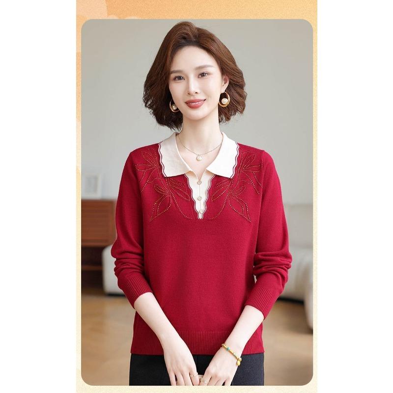

Women s New Splicing Socket POLO Collar Buttons Fashionable Solid Color Loose Versatile Casual Long-sleeved Knitted Top L красный