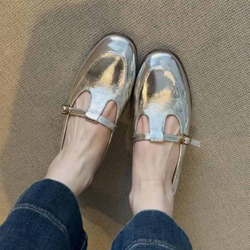 

Guttega~ Мягкая кожа плоская подошва круглый носок ретро туфли Мэри Джейн женские туфли на одной педали одинарные туфли британские маленькие кожаные туфли лоферы 40 серебряный