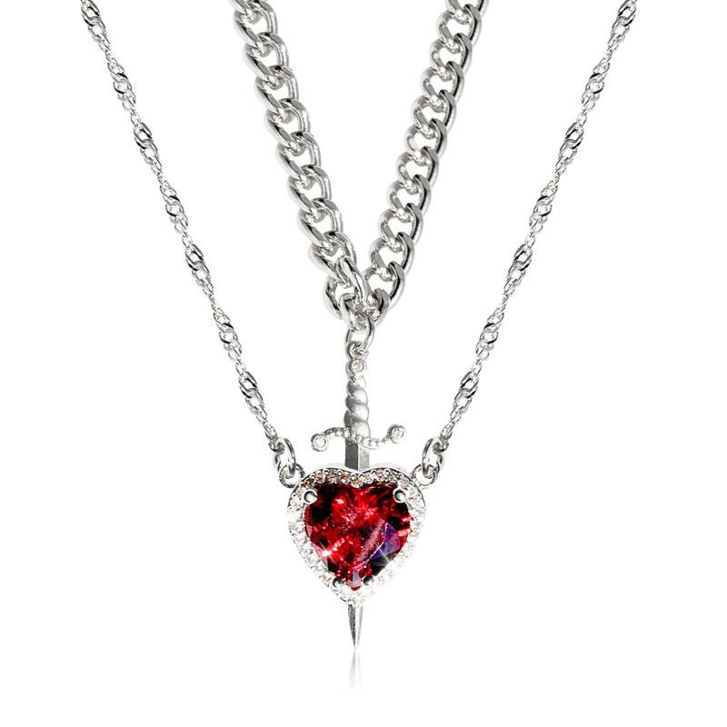 Layered Pendant Necklace Women With Pink Crystal Heart Dagger Charm Gold Or Plated Stainless Steel Chain