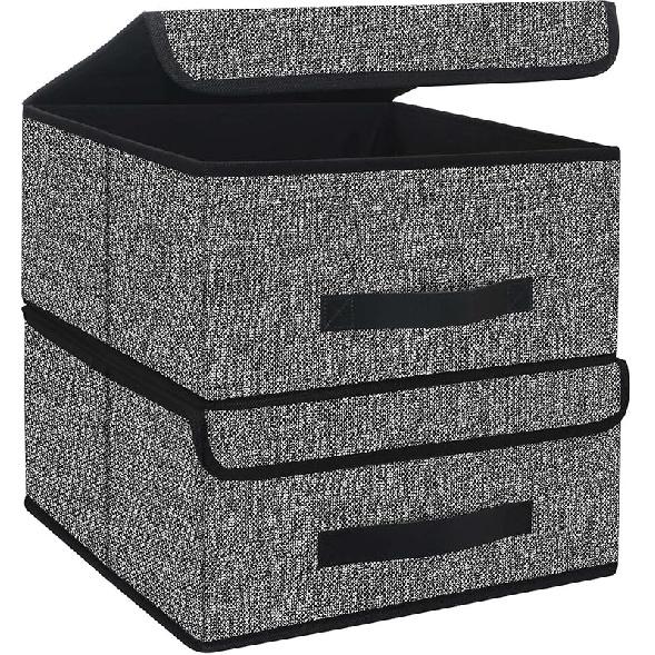 Onlyeasy Foldable Storage Bins Cubes Boxes with Lid - Storage Box Cube Cubby Basket Closet Organizer Pack of 2 with Leather Handles for Closet Medium-32x32x16cm