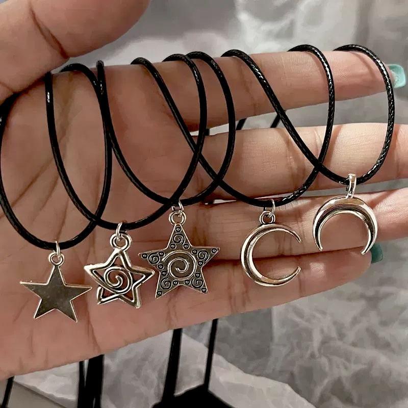 Y2K Star Moon Pendant Choker Celestial Necklace Leather Cord Chain Silver Tone Swirly Star Earrings 90s Retro Sweet Cool Jewelry