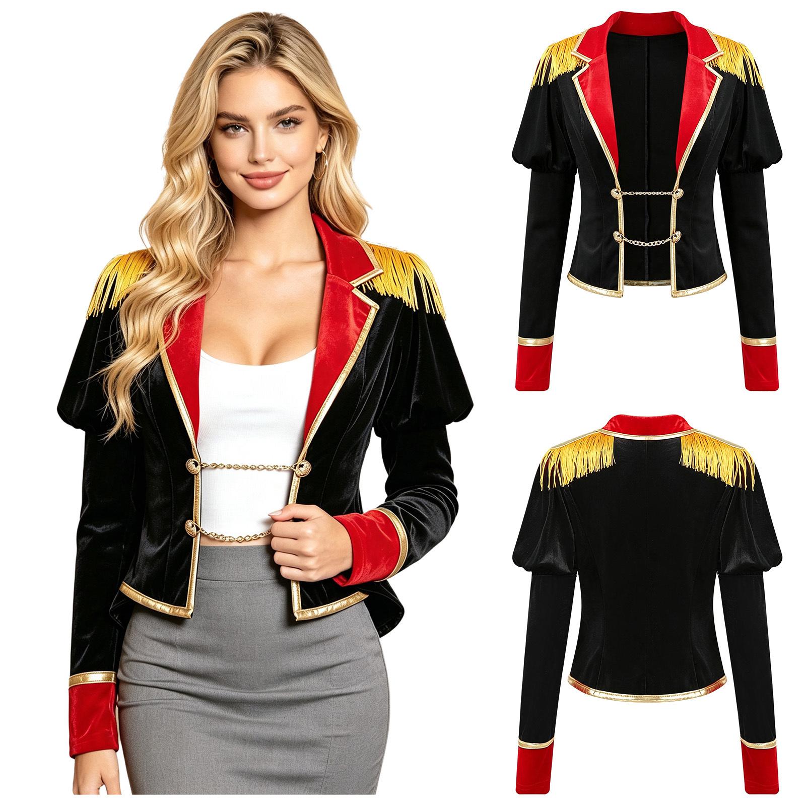 Damen Dompteur Kostüm Jacke Puff Langarm Reverskragen Quaste Schulterklappe Kette Knopf Color-blocking Mantel für Halloween Mottoparty M schwarz