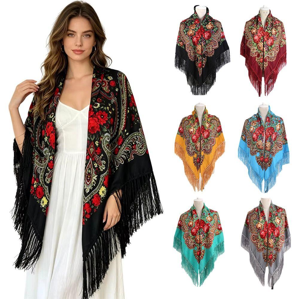 Tassel Fringe Floral Scarf Soft Tassel Scarf Fashion Square Wrap Women