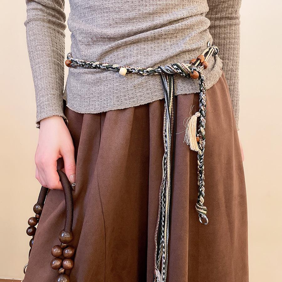 Vintage ethnic wind wood bead woven fringed waist chain bohemian belt clothing