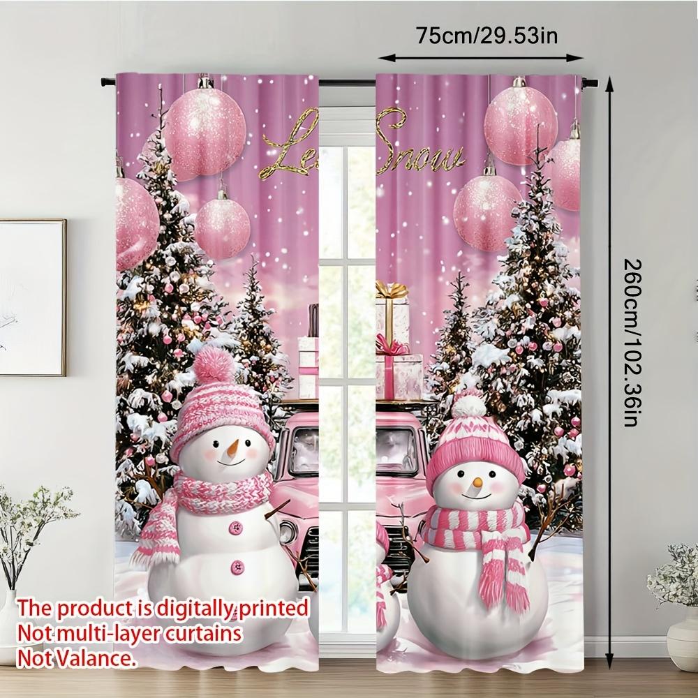 Pink Snowmen Truck Door Curtains 2Pcs,Winter Scene Snowflake Ball Semi-Transparent  For Bedroom Living Room Decor
