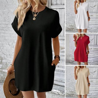 Dámske letné šaty Pure Color Crew Neck Krátke rukávy Voľné bočné vrecká Ležérne Priedušné Mäkké Minišaty na každodenné dochádzanie do kancelárie