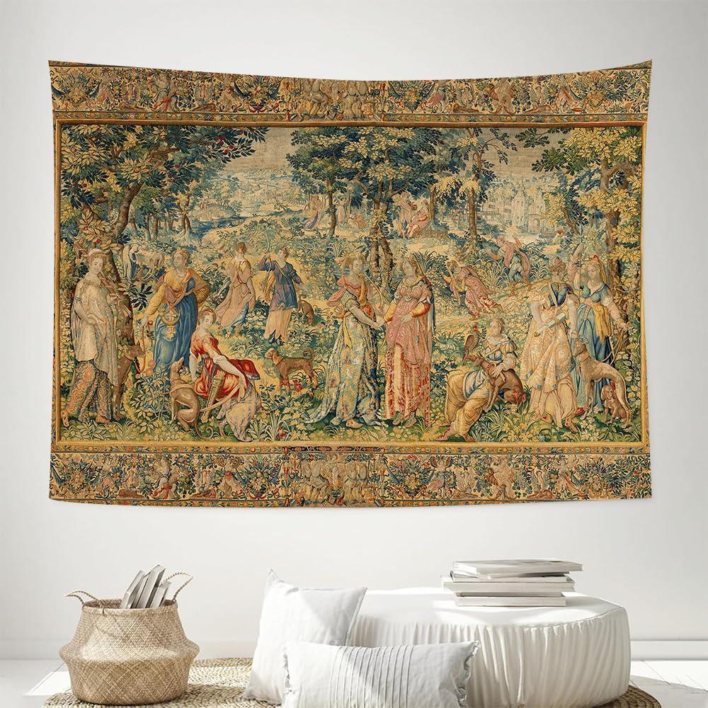 Medieval Forest Tapestry, Vintage Wall Hanging with Renaissance Style Court Scene In Lush Greenery, for Bedroom Decor