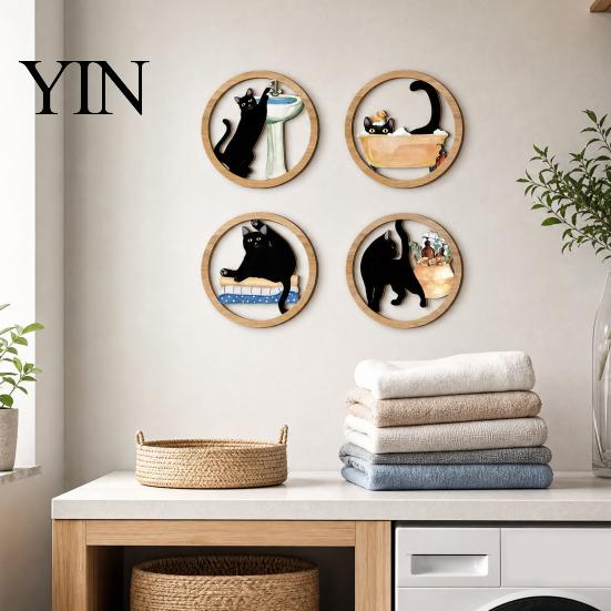 Rounded Corner Wood Art 4 Pcs Minimalist Black Cat Wall Art, Geometric Round Circle Wooden Non-toxic Coating Decor, Abstract Hanging Sign for