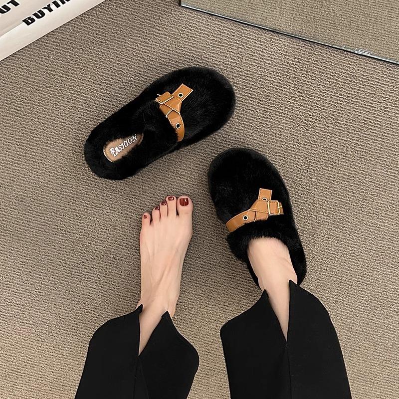Internet celebrity bag head half slippers women's outer wear 2025 autumn and winter new heightened thick-soled fluffy shoes home warm cotton slippers