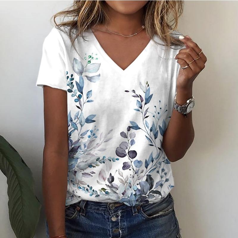 

Artistic Watercolor Leaf Print Casual T Shirt V Neck Short Sleeve Tee For Women Summer Holiday Travel And Daily Outfits S