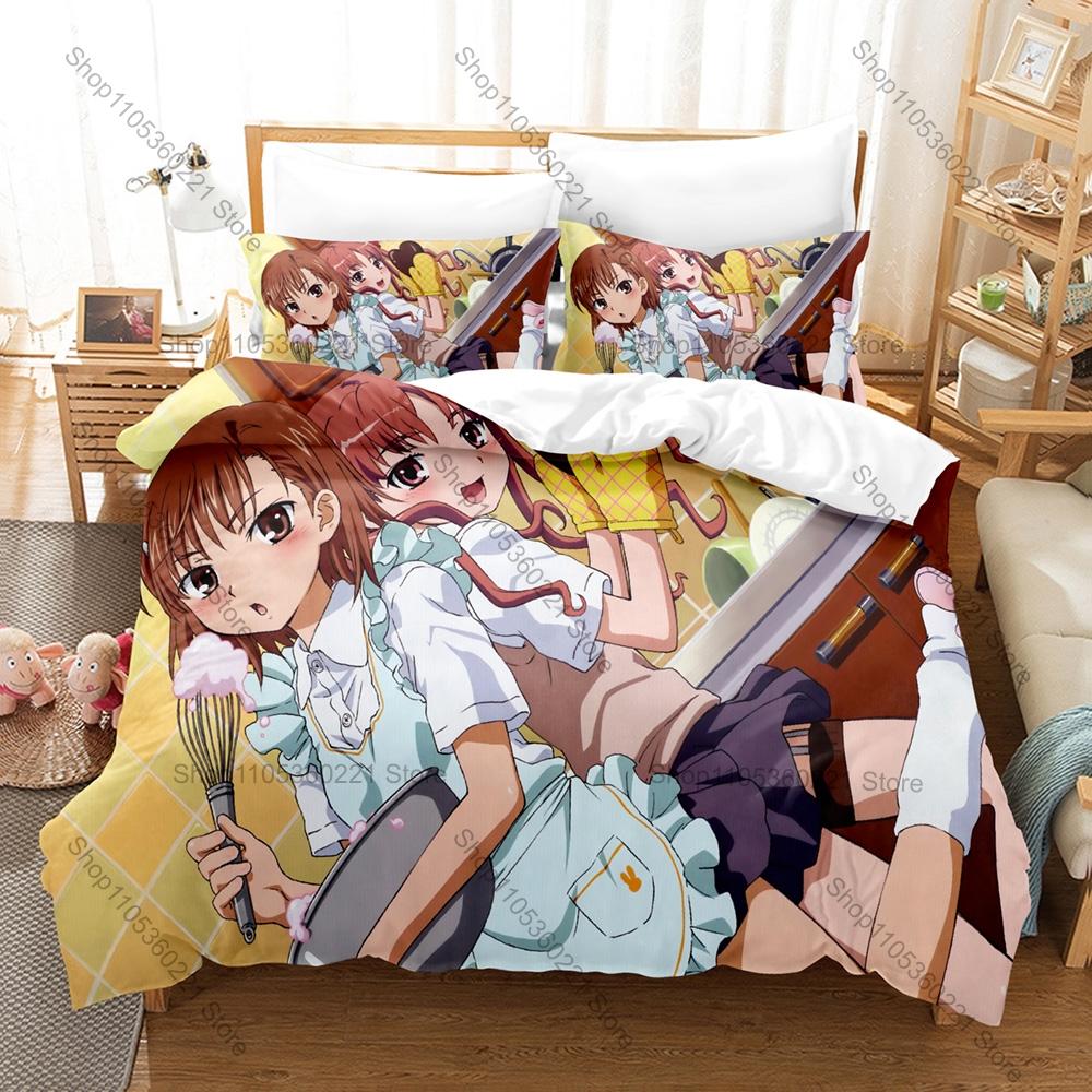 Popular Anime Misaka Mikoto Graphic Bedding Set Duvet Cover With 2 Pillowcases Teen Otaku Room Decor