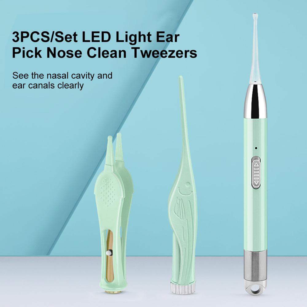 LED Light Ear Pick USB Rechargeable Ear Wax Removal Nose Clean Clip Baby Adults Ear Nose Clean Tweezers Remover Set